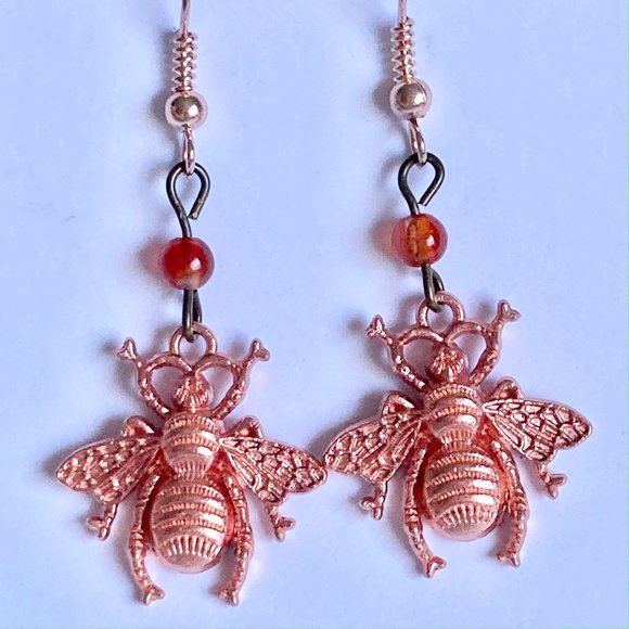 Carnelian Bead Bumble Bee Earrings Rose Gold Plated Dangle Queen Bea Orange - Picture 6 of 12